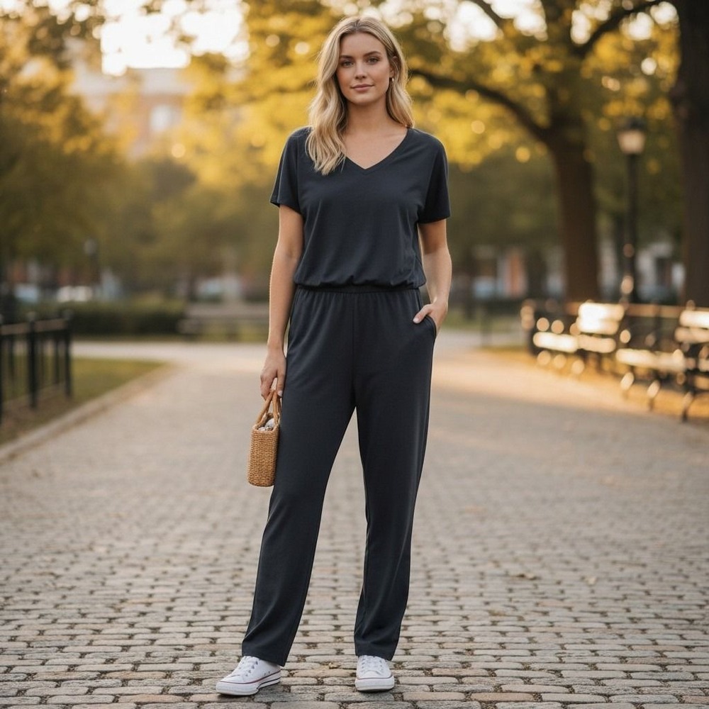 Cabi Jumpsuit Womens S Navy Blue V-Neck Short Sleeve Knit 6579 Romper